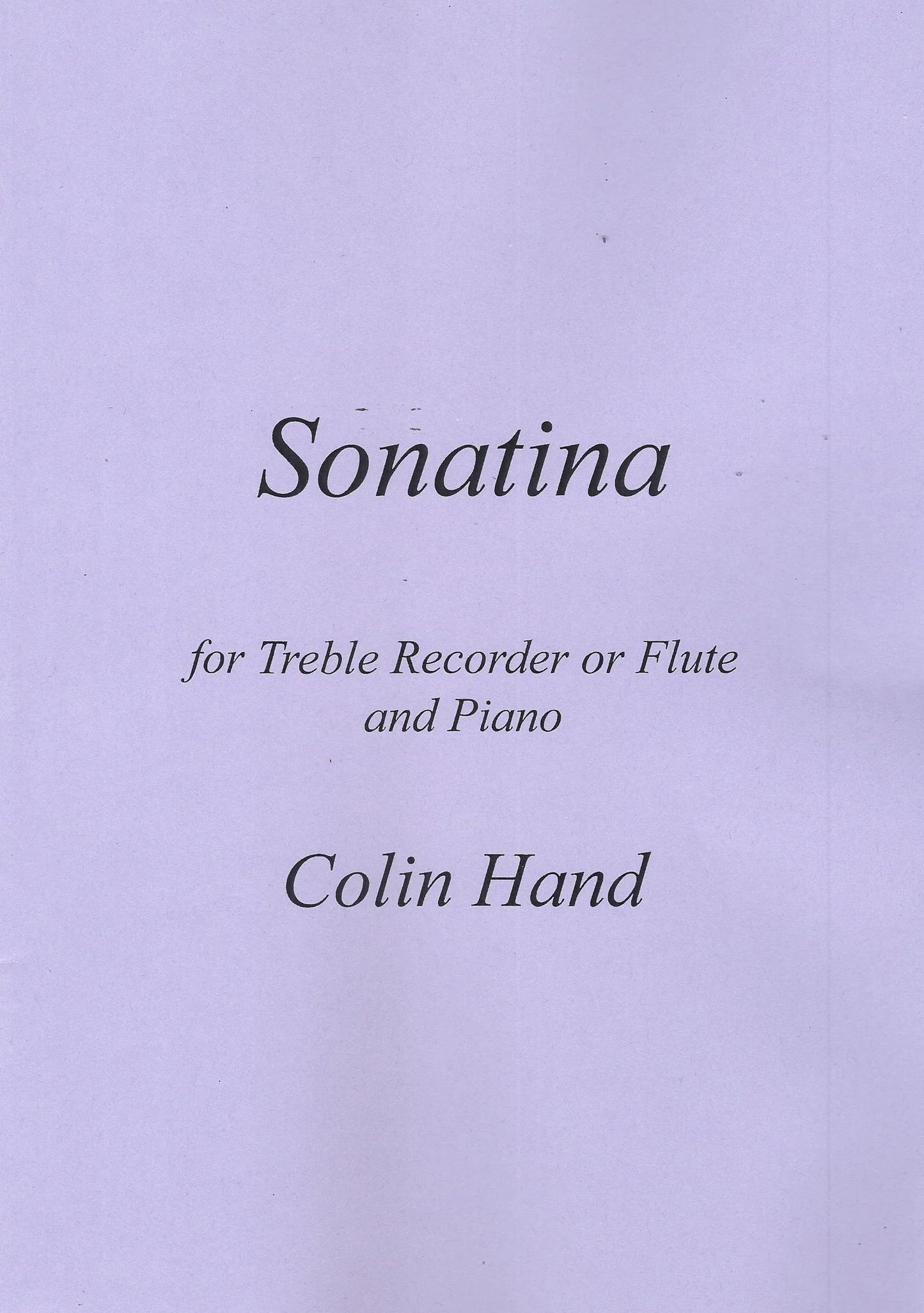 Hand Sonatina Treb Recorder or Flt & Pno