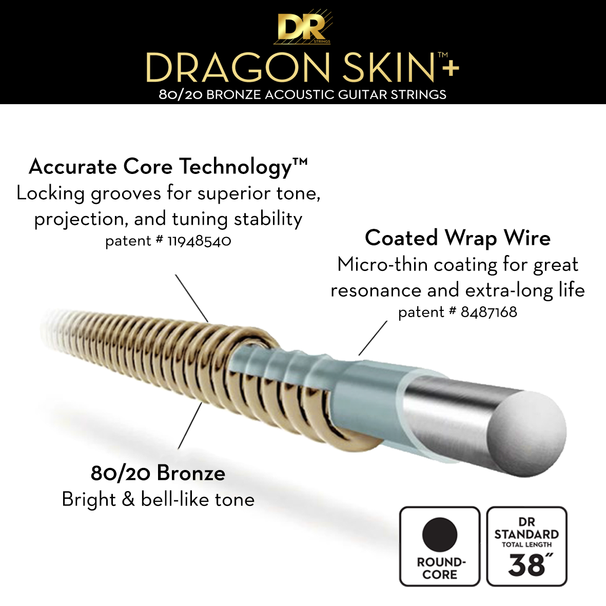 DR Acoustic Guitar String Set Drangon Skin+ Light 12-54