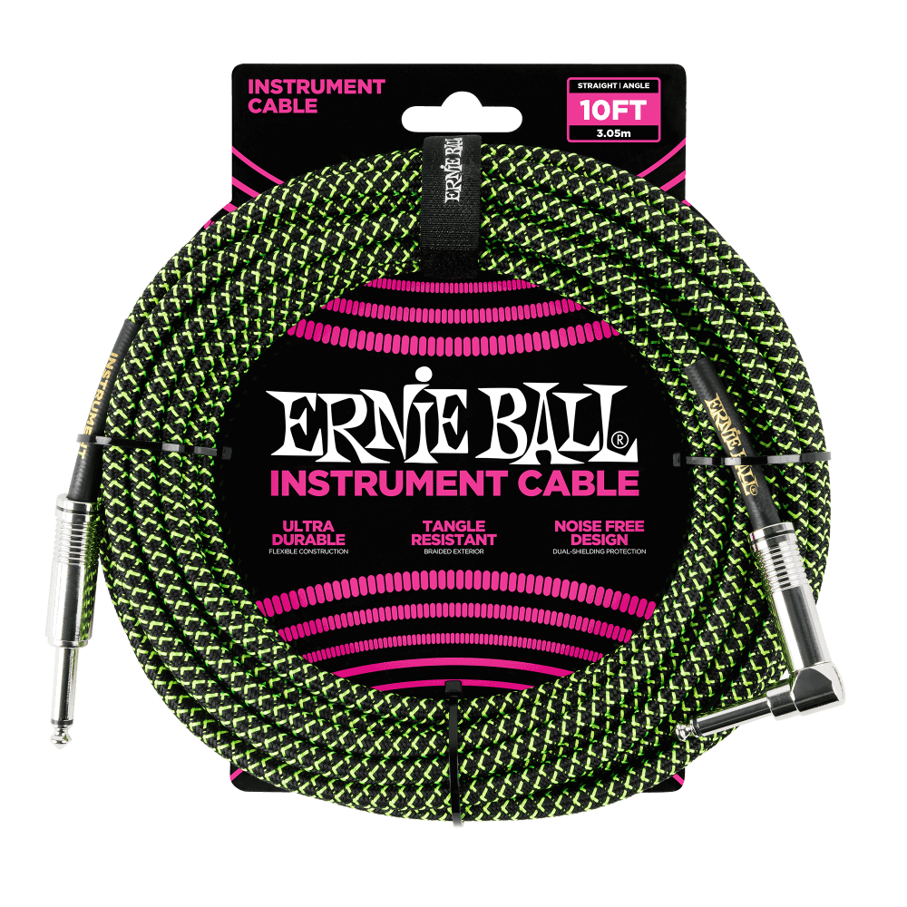 Ernie Ball 10ft Instrument Cable Black/Green Braided