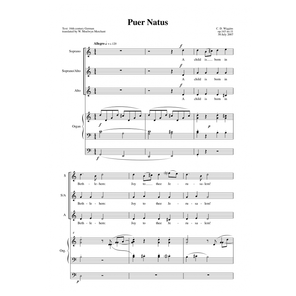 Wiggins: Puer Natus Op.143 No.11 - SSA & Organ