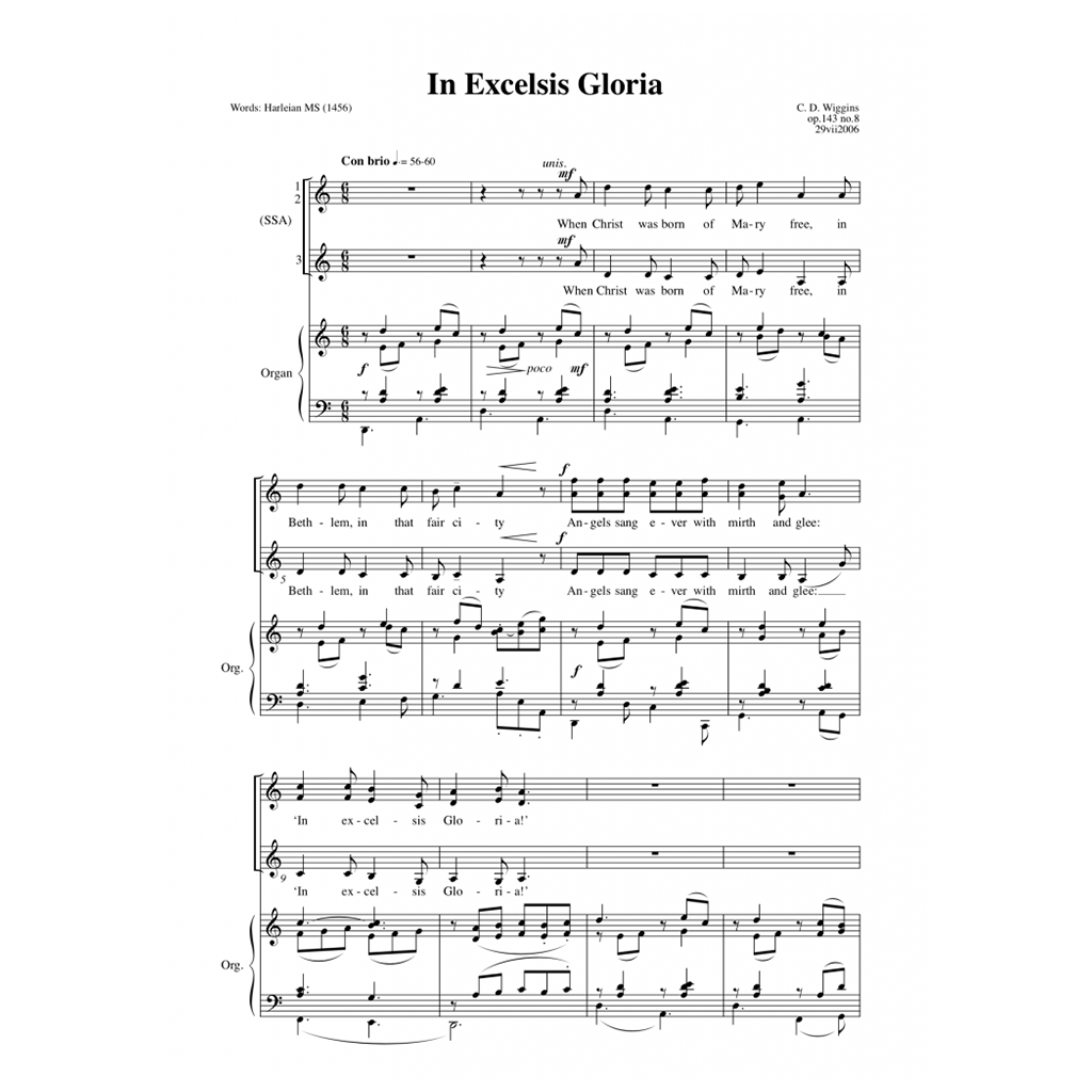 Wiggins: In Excelsis Gloria Op. 143 No. 8 - SSA & Organ