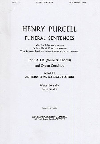 Purcell Funeral Sentences SATB+Org NOV