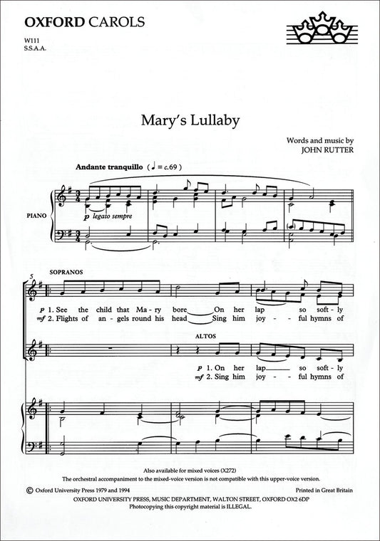 Rutter Marys Lullaby SSAA&Pno OUP