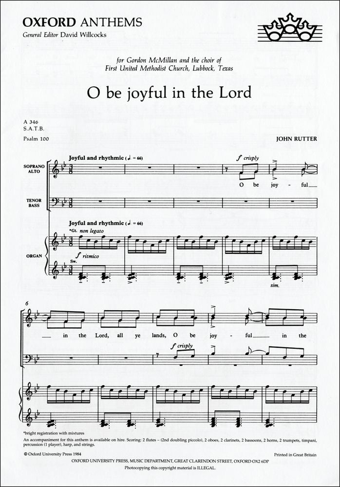 Rutter O Be Joyful in the Lord SATB&Org