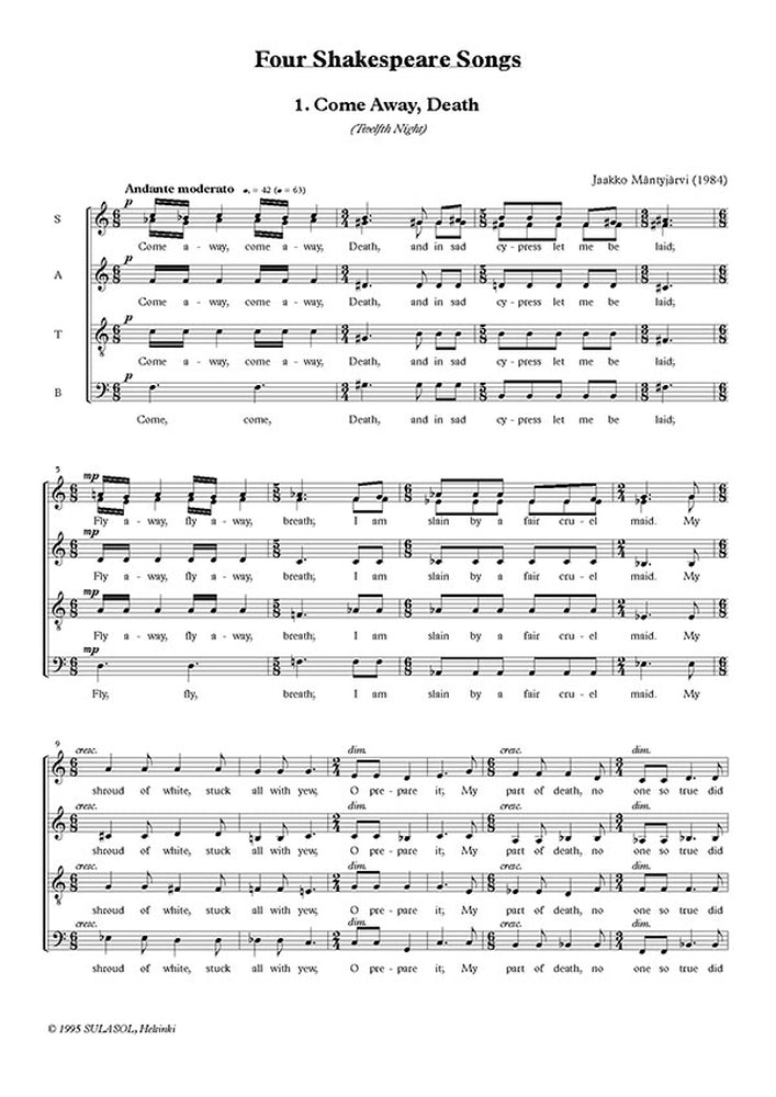 Mantyjarvi 4 Shakespeare Songs SATB SUL