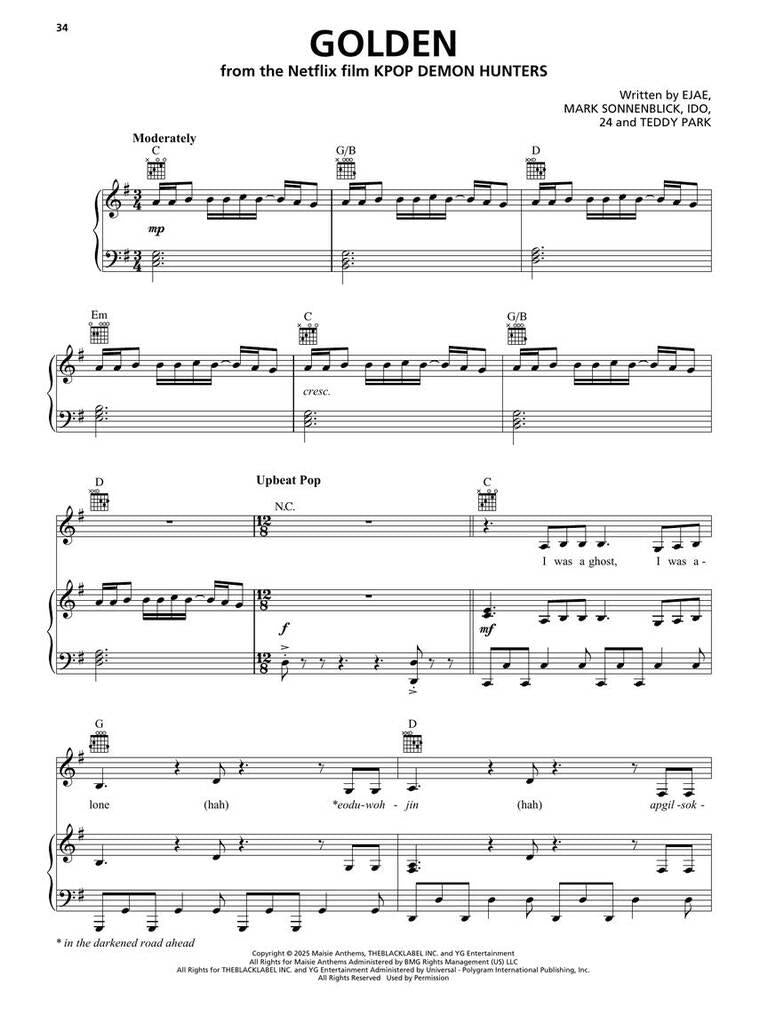 Songs from K-Pop Demon Hunters, Minecraft, Wicked and More Top Movies for Piano-Vocal-Guitar