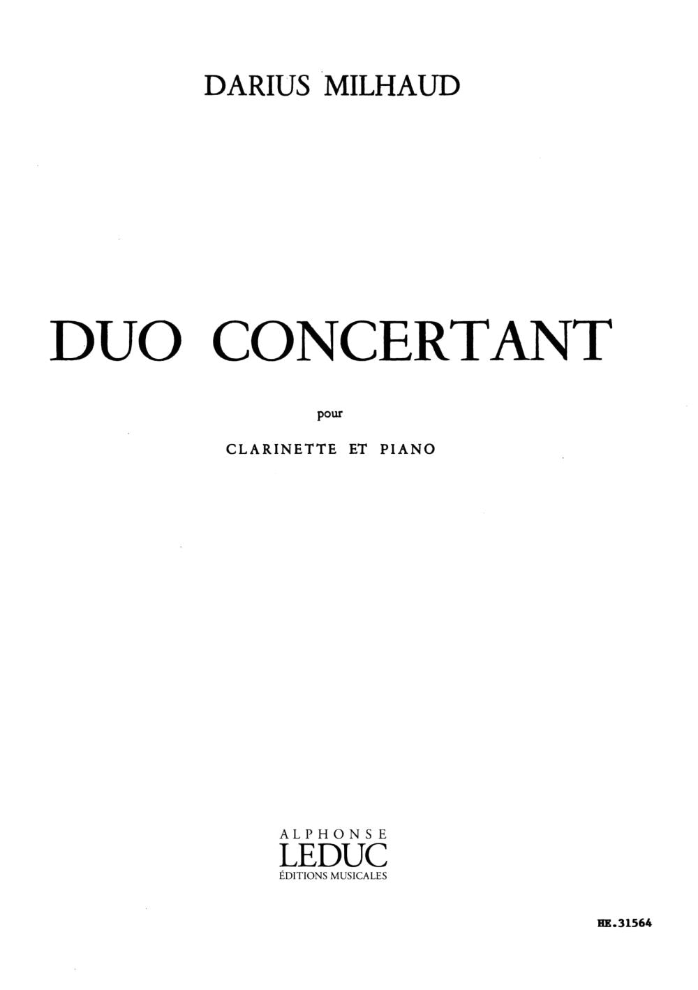 Milhaud Duo Concertant Clt Heugel/Leduc