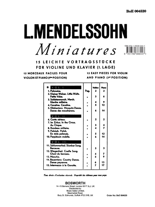 Mendelssohn Miniatures Bk1 Vln/PF BOE