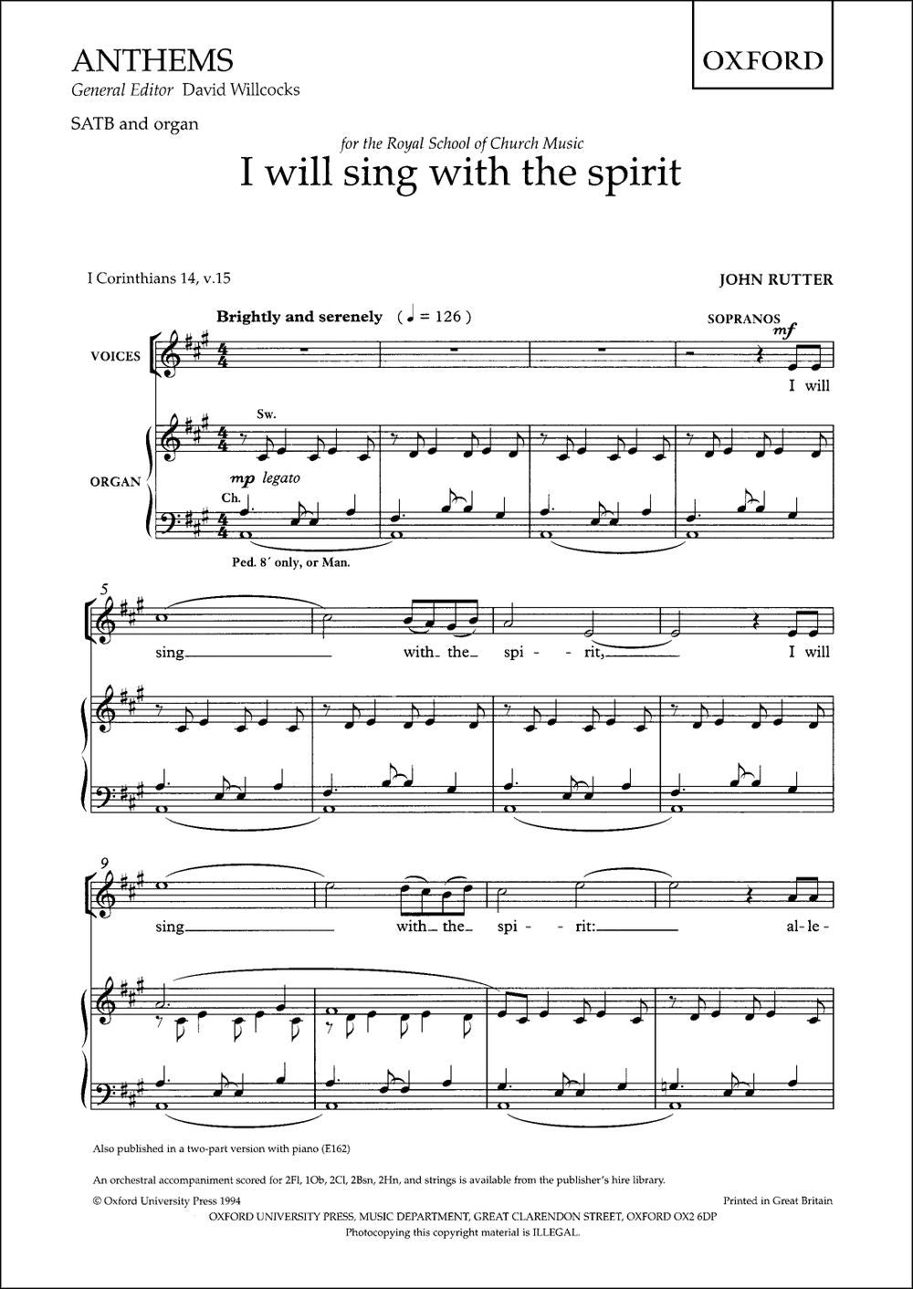 Rutter I Will Sing With The Spirit SATB