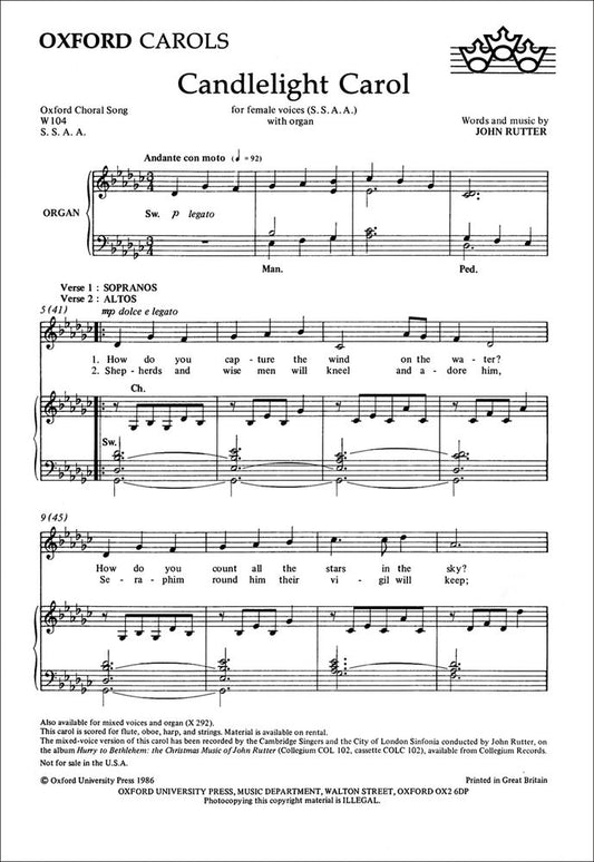 Candlelight Carol Rutter SSAA/Organ