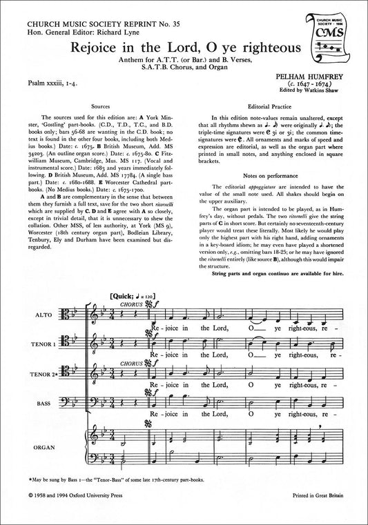 Pelham Humfrey Rejoice in the Lord SATT